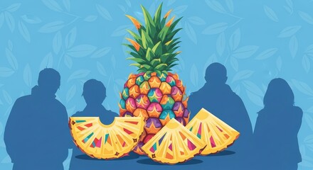 Lively tropical pineapple fruit with colorful geometric slices and anonymous human silhouettes on