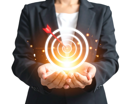 A person in a suit holds a glowing target with an arrow centered, symbolizing goals and success