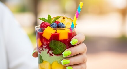 Healthy fruit parfait held by vibrant manicured hand.