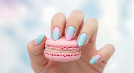Pastel Ombre Manicure Holding Pink Macaron Dessert