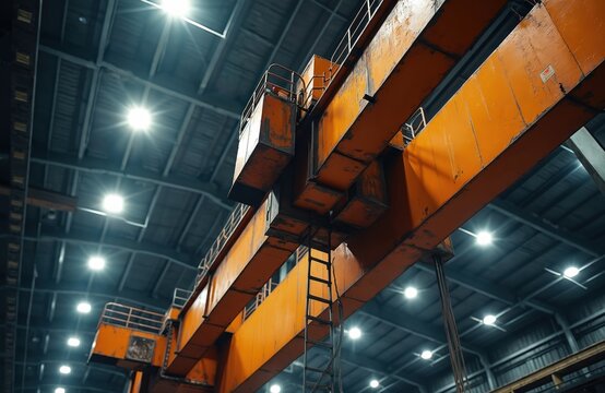 Orange overhead crane moves heavy materials inside industrial warehouse. Steel structure beams suspend from ceiling, bright lights illuminate workspace. Heavy duty equipment for manufacturing, - Powered by Adobe