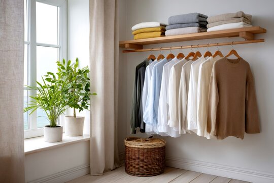 Minimalist Scandinavian closet organizing clothes and homeware