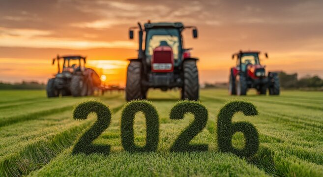 High quality photo of tractors in a field with the year 2026 made of grass