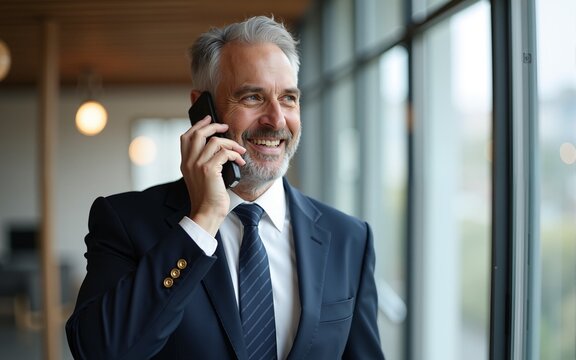 Mature businessman talking joyfully on the phone in the middle of the office, man in a business suit smiling standing by the window at the workplace, boss financier professional. High quality