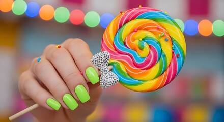 Neon Green Manicure Holding Bright Rainbow Lollipop