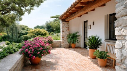 Fototapeta premium Peaceful Mediterranean villa patio with lush garden view