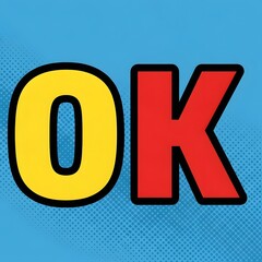 A colorful graphic design featuring the letters 'OK' in bold, vibrant colors on a bright blue background with a dotted pattern for a modern and playful aesthetic