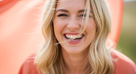 Joyful Blonde Woman Laughing With Windblown Hair