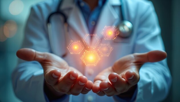 Doctor holds digital network hologram in hands. Medical worker shows tech. Healthcare innovation and science in medicine, future of health using online global analysis, research.