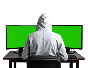 A person with a hooded sweatshirt sits before two computer monitors with blank green screens. A dark desk, and chair complete the scene