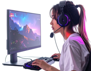 A person with a headset is intensely focused on a computer screen, with a keyboard and mouse in use, gaming