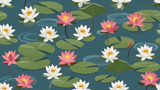 Seamless Pattern of Pink and White Water Lilies Floating on a Rippling Pond with Green Lily Pads