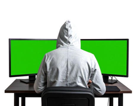 A person with a hooded sweatshirt sits before two computer monitors with blank green screens. A dark desk, and chair complete the scene