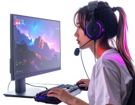A person with a headset is intensely focused on a computer screen, with a keyboard and mouse in use, gaming - Powered by Adobe