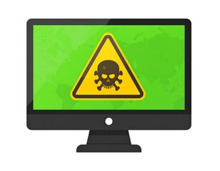 A computer monitor displays a warning sign with a skull and crossbones icon overlaid on a green world map background