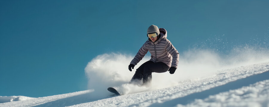 Female snowboarder rides downhill on snowy slope. Woman in winter sportswear enjoying extreme sport action at ski resort. Snowboarding on powder snow. Winter vacation concept.