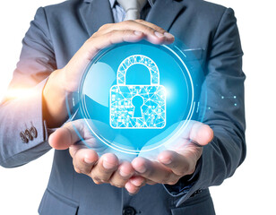 A person in a suit protects a digital padlock, suggesting data security and privacy. Glowing orb imagery