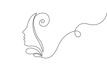 Woman face profile continuous one line drawing minimalist style outline vector illustration on white background
