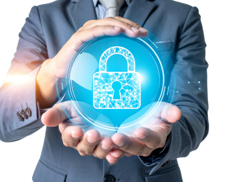 A person in a suit protects a digital padlock, suggesting data security and privacy. Glowing orb imagery