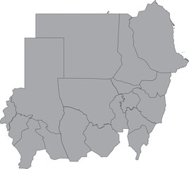 Simple Map of Sudan with Administrative Borders and Internal Regions in Grey Layout