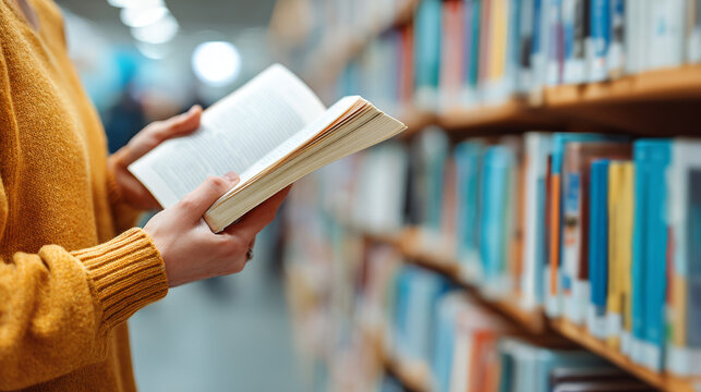 Cozy library scene with person reading book warm sweater soft focus wooden shelf quiet study knowledge autumn mood peaceful