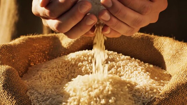 A close-up shot of two hands gently cupping a handful of raw white rice, with grains spilling from the sides