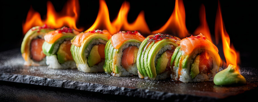 Spicy sushi roll salmon avocado flame fire seafood rice nori wasabi gourmet delight ignites appetite on dark slate plate - Powered by Adobe