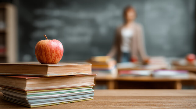 Education classroom teacher apple book desk chalkboard learning school study education scene with classroom teacher apple book desk near