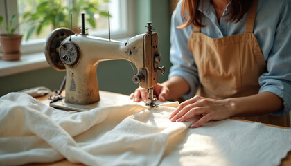 Seamstress works with vintage sewing machine. Woman creates fabric pattern in bright studio. Handmade garment, textile craft, fashion design hobby.