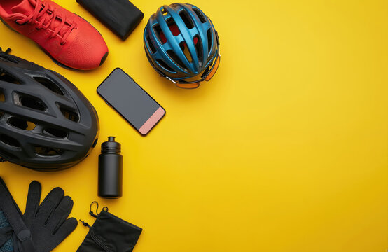 Two cycling helmets, red shoes, gloves, water bottle, and smartphone are arranged on a bright yellow background. These sport accessories are laid out flat for easy viewing and space for text.