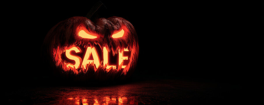 Glowing pumpkin lantern Halloween sale spooky face scary jack o lantern dark background eerie light autumn discount night creepy vibe