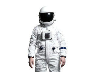 A person in a white spacesuit with a reflective black visor stands against a black background. The full-body shot features details like the helmet and utility belt