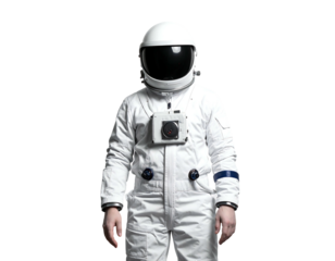 A person in a white spacesuit with a reflective black visor stands against a black background. The full-body shot features details like the helmet and utility belt