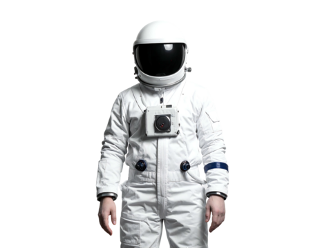 A person in a white spacesuit with a reflective black visor stands against a black background. The full-body shot features details like the helmet and utility belt