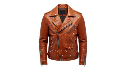 Naklejka premium Brown leather biker jacket with silver studs isolated on transparent background
