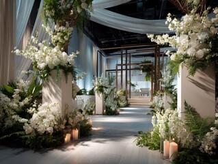 Floral archway framing walkway with white flowers & ferns