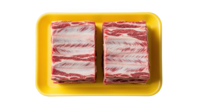 Two pieces of fresh raw short ribs isolated on transparent background. Raw beef ribs in a plastic tray