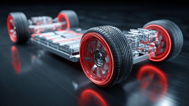 A futuristic electric car chassis with red accents and a sleek design.