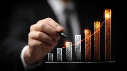 A businessman in a suit drawing a bar graph with a glowing orange line on a black background.
