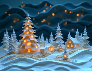 Magical glowing christmas tree with soft yellow lights in snow-covered landscape deep blue starry night with golden bokeh christmas tree tree papercut christmas paper vector background design merry