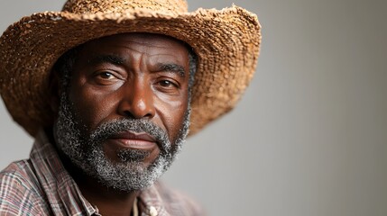 Elderly Black man with a grey beard and straw hat looking contemplatively