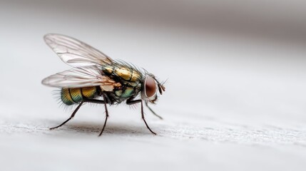 Obraz premium A fly with wings and legs on a white surface.
