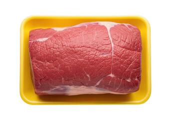 Raw beef roast on a yellow tray isolated on a transparent background. Raw beef steak on a tray