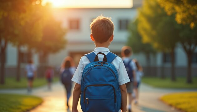Young schoolboy with backpack walks to school. Kid going to elementary school outdoors. Child going to school building at day. Education concept growth and future success.
