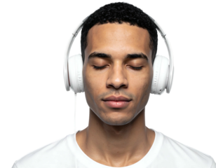 A person with dark skin is wearing large, white over-ear headphones while closing their eyes. The background is black