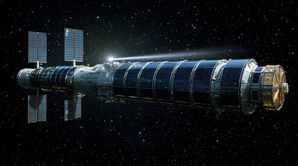 Futuristic space station with solar panels transmitting energy into the cosmos
