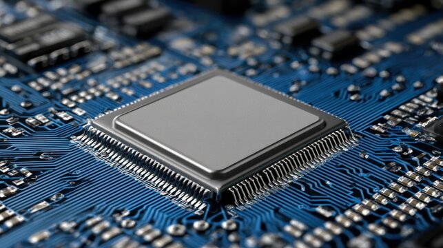 A close-up of a computer chip on a blue circuit board.
