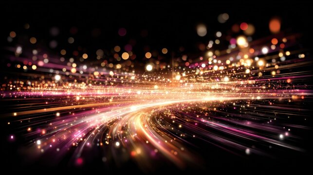 A vibrant, colorful, abstract light trail with a black background.