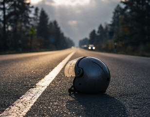 Motorcycle Helmet Resting on Asphalt Road with Sunlit Glare.
