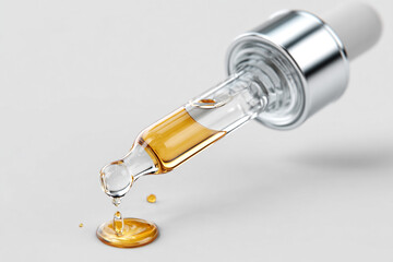 A clear glass dropper dispenses a single golden liquid drop onto a pristine light surface forming a small reflective puddle